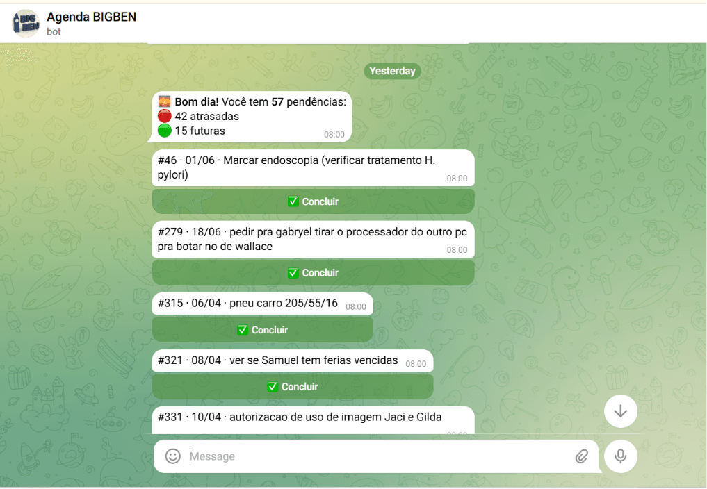 Conversa no Telegram com o bot de agenda: mensagens viram tarefas e lembretes automaticamente.